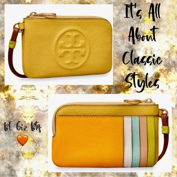 🆑 Tory Burch Authentic Leather Color Block Zip Card Case Yellow NWT - Picture 3 of 5